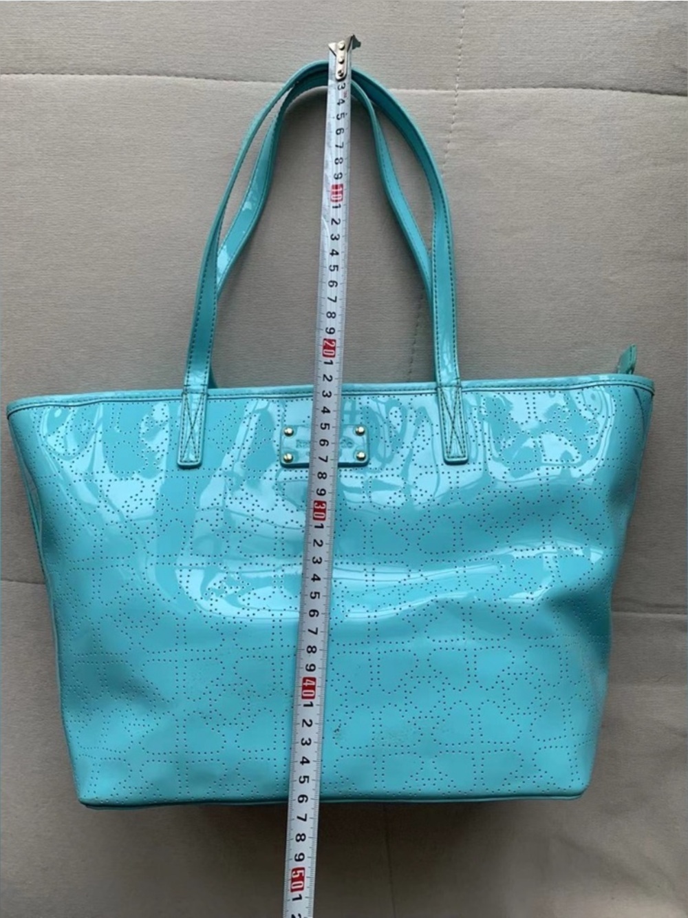 Kate Spade New York Perforated Patent Leather Aqua Tote Bag & Wallet Set - Picture 8 of 15